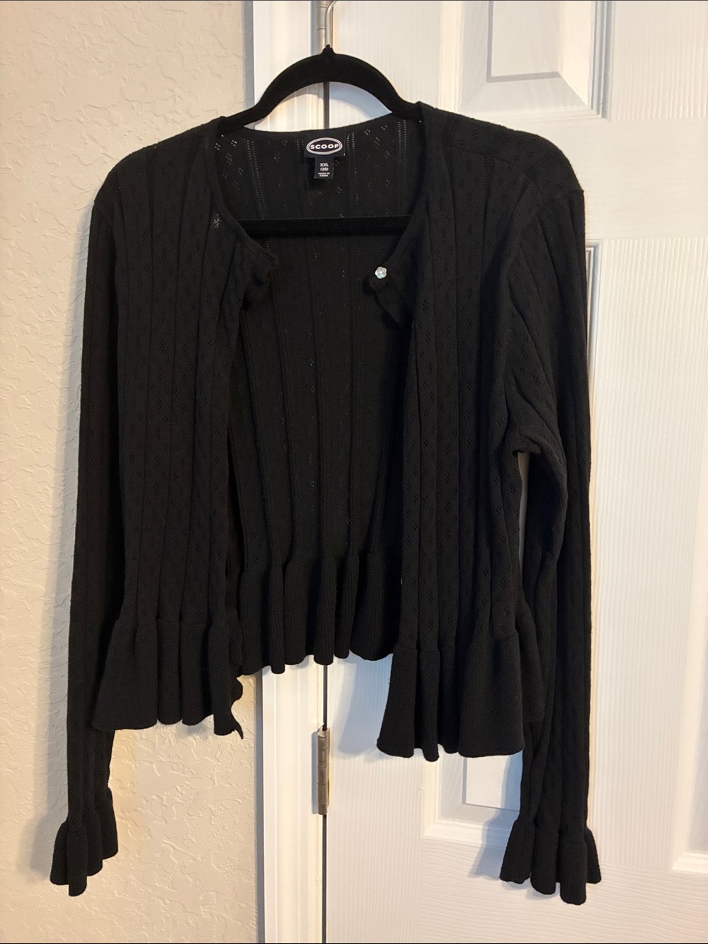 Scoop Black Ruffle-Hem Pointelle Cardigan